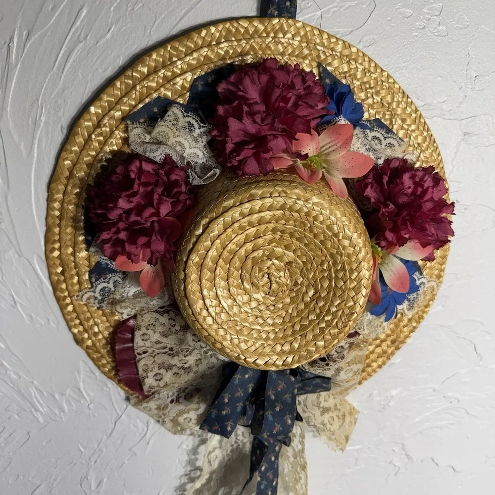 Vintage Handmade Straw Hat Wreath: Floral Door/Wall Decor Prairie Cottage Core